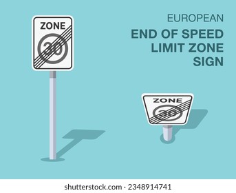 Traffic regulation rules. Isolated european end of speed limit zone sign. Front and top view. Flat vector illustration template.