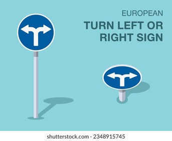 Traffic regulation rules. Isolated european turn left or right sign. Front and top view. Flat vector illustration template.