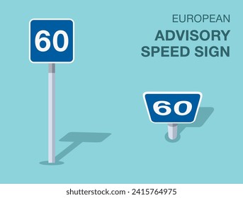 Traffic regulation rules. Isolated european advisory speed sign. Front and top view. Flat vector illustration template.