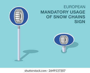 Regras de regulação do tráfego. Símbolo rodoviário europeu isolado de "utilização obrigatória de correntes de neve". Vista frontal e superior. Modelo de ilustração de vetor plano.