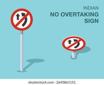 Traffic regulation rules. Isolated indian "no overtaking" road sign. Front and top view. Flat vector illustration template.