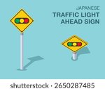 Traffic regulation rules. Isolated japanese "traffic light ahead" road sign. Front and top view. Flat vector illustration template.