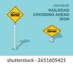Traffic regulation rules. Isolated japanese "railroad crossing ahead" road sign. Front and top view. Flat vector illustration template.