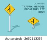 Traffic regulation rules. Isolated japanese "traffic merges from the left" road sign. Front and top view. Flat vector illustration template.