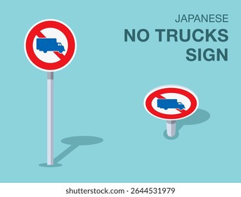 Traffic regulation rules. Isolated japanese "no trucks" road sign. Front and top view. Flat vector illustration template.