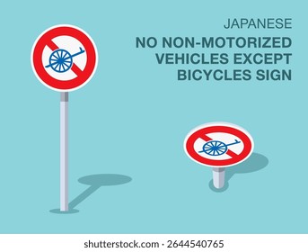 Traffic regulation rules. Isolated japanese "no non-motorized vehicles except bicycles" road sign. Front and top view. Flat vector illustration template.