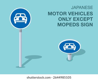 Traffic regulation rules. Isolated japanese "motor vehicles only except mopeds" road sign. Front and top view. Flat vector illustration template.