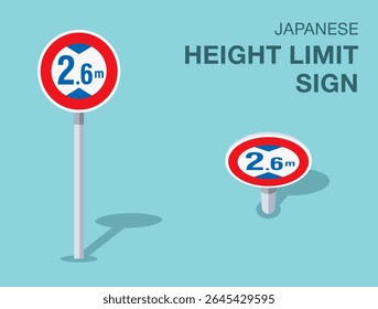 Traffic regulation rules. Isolated japanese "height limit" road sign. Front and top view. Flat vector illustration template.