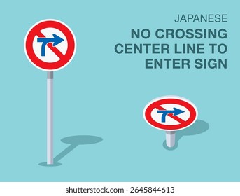 Regras de regulação do tráfego. Sinal de estrada japonês isolado "sem linha central de cruzamento para entrar". Vista frontal e superior. Modelo de ilustração de vetor plano.