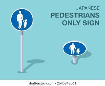 Regras de regulação do tráfego. Sinal de estrada japonês isolado "somente para pedestres". Vista frontal e superior. Modelo de ilustração de vetor plano.