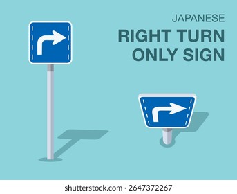 Traffic regulation rules. Isolated japanese "right turn only" road sign. Front and top view. Flat vector illustration template.