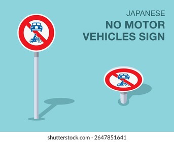 Traffic regulation rules. Isolated japanese "no motor vehicles" road sign. Front and top view. Flat vector illustration template.