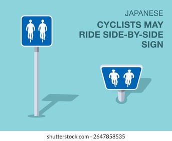 Regras de regulação do tráfego. Símbolo isolado de estrada japonês "ciclistas podem andar lado a lado". Vista frontal e superior. Modelo de ilustração de vetor plano.