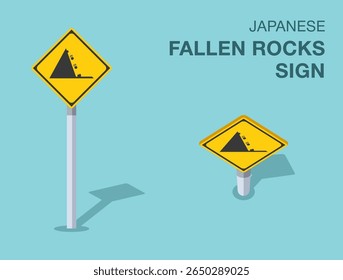 Regras de regulação do tráfego. Símbolo rodoviário japonês isolado de "pedras caídas". Vista frontal e superior. Modelo de ilustração de vetor plano.
