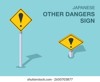 Regras de regulação do tráfego. Símbolo japonês isolado de "outros perigos". Vista frontal e superior. Modelo de ilustração de vetor plano.