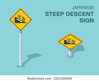 Traffic regulation rules. Isolated japanese "steep descent" road sign. Front and top view. Flat vector illustration template.