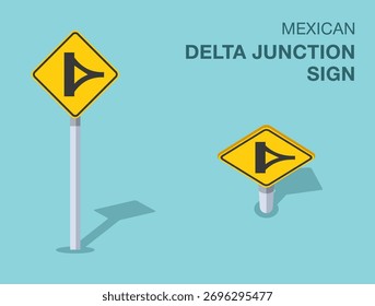 Regras de regulação do tráfego. Símbolo mexicano isolado de "junção delta". Vista frontal e superior. Modelo de ilustração de vetor plano.
