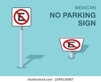 Traffic regulation rules. Isolated mexican "no parking" road sign. Front and top view. Flat vector illustration template.