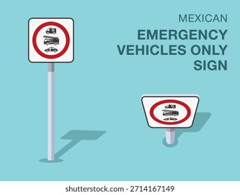 Vorschriften zur Verkehrsregelung. mexikanisches Straßenschild "nur für Notfallfahrzeuge". Vorder- und Draufsicht. Flache Vektorgrafik-Vorlage.