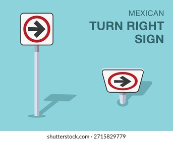 Traffic regulation rules. Isolated mexican "turn right only" road sign. Front and top view. Flat vector illustration template.