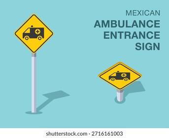 Normas de regulación del tráfico. Aislado mexicano "ambulancia de entrada" señal de tráfico. Vista frontal y superior. Plantilla de Ilustración vectorial plana.