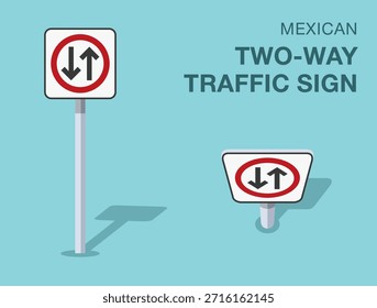 Normas de regulación del tráfico. Señal de tránsito "bidireccional" mexicana aislada. Vista frontal y superior. Plantilla de Ilustración vectorial plana.