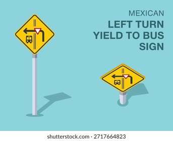Normas de regulación del tráfico. Señal de tránsito mexicana aislada de "giro a la izquierda". Vista frontal y superior. Plantilla de Ilustración vectorial plana.