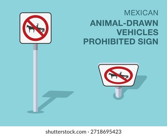 Normas de regulación del tráfico. Señal de tránsito mexicana aislada de "vehículos de tracción animal prohibidos". Vista frontal y superior. Plantilla de Ilustración vectorial plana.