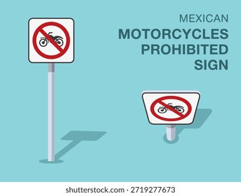 Normas de regulación del tráfico. Señal de tránsito mexicana aislada "prohibida para motocicletas". Vista frontal y superior. Plantilla de Ilustración vectorial plana.