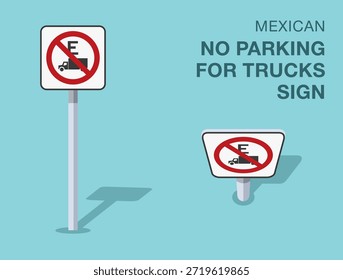Normas de regulación del tráfico. Señal de tránsito mexicana aislada "sin estacionamiento para camiones". Vista frontal y superior. Plantilla de Ilustración vectorial plana.