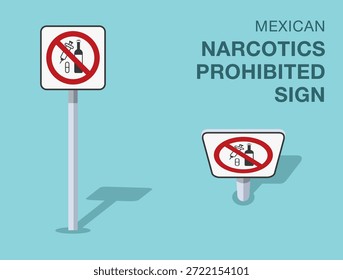 Normas de regulación del tráfico. Señal de tránsito mexicana "prohibida por narcóticos" aislada. Vista frontal y superior. Plantilla de Ilustración vectorial plana.