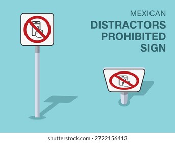 Normas de regulación del tráfico. Señal de tránsito "prohibida" mexicana aislada. Vista frontal y superior. Plantilla de Ilustración vectorial plana.