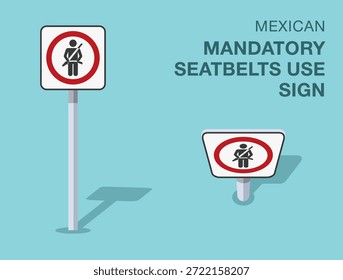 Normas de regulación del tráfico. Señal de tránsito mexicana aislada de "uso obligatorio del cinturón de seguridad". Vista frontal y superior. Plantilla de Ilustración vectorial plana.