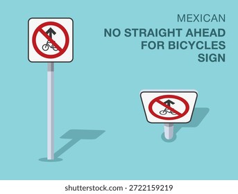Normas de regulación del tráfico. Señal de tránsito mexicana aislada "no hay recta para bicicletas". Vista frontal y superior. Plantilla de Ilustración vectorial plana.