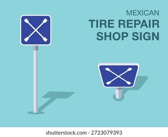 Vorschriften zur Verkehrsregelung. mexikanisches Straßenschild "Reifenwerkstatt". Vorder- und Draufsicht. Flache Vektorgrafik-Vorlage.