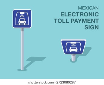 Traffic regulation rules. Isolated mexican "electronic toll payment" road sign. Front and top view. Flat vector illustration template.