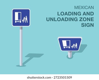 Normas de regulación del tráfico. Señal de tráfico mexicana aislada de "zona de carga y descarga". Vista frontal y superior. Plantilla de Ilustración vectorial plana.