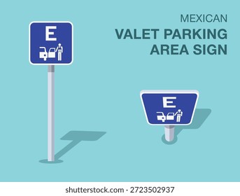 Vorschriften zur Verkehrsregelung. Alleinstehendes mexikanisches "Valet Parkplatz" Straßenschild. Vorder- und Draufsicht. Flache Vektorgrafik-Vorlage.