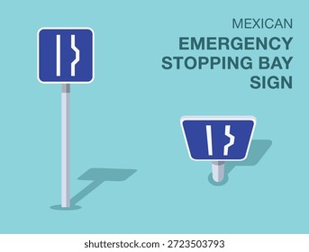 Normas de regulación del tráfico. Señal de tránsito aislada mexicana de "bahía de detención de emergencia". Vista frontal y superior. Plantilla de Ilustración vectorial plana.