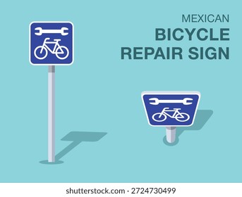 Regras de regulação do tráfego. Sinal de estrada mexicano isolado de "reparação de bicicletas". Vista frontal e superior. Modelo de ilustração de vetor plano.
