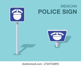 Normas de regulación del tráfico. Señal de tránsito "policial" mexicana aislada. Vista frontal y superior. Plantilla de Ilustración vectorial plana.