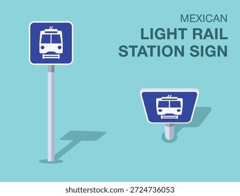 Traffic regulation rules. Isolated mexican "light rail station" road sign. Front and top view. Flat vector illustration template.