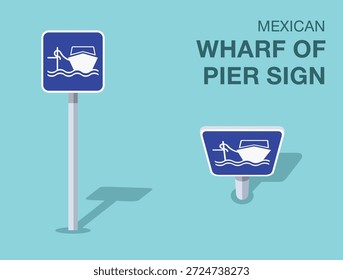 Traffic regulation rules. Isolated mexican "wharf of pier" road sign. Front and top view. Flat vector illustration template.