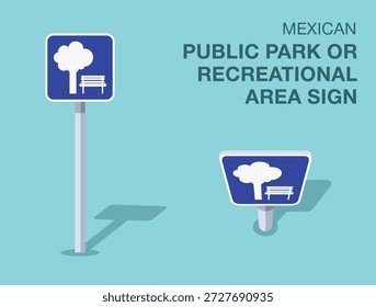Regras de regulação do tráfego. Sinal isolado da estrada mexicana "parque público ou área recreativa". Vista frontal e superior. Modelo de ilustração de vetor plano.