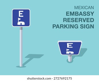 Regras de regulação do tráfego. Sinal isolado da estrada mexicana de "estacionamento reservado da embaixada". Vista frontal e superior. Modelo de ilustração de vetor plano.