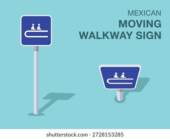 Traffic regulation rules. Isolated mexican "moving walkway" road sign. Front and top view. Flat vector illustration template.