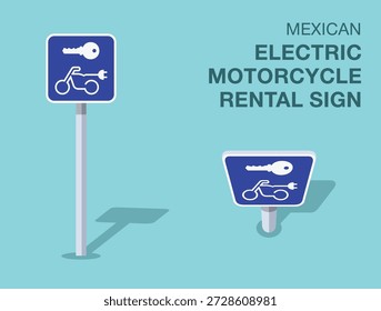 Regras de regulação do tráfego. Sinal isolado mexicano de "aluguel de motocicletas elétricas". Vista frontal e superior. Modelo de ilustração de vetor plano.