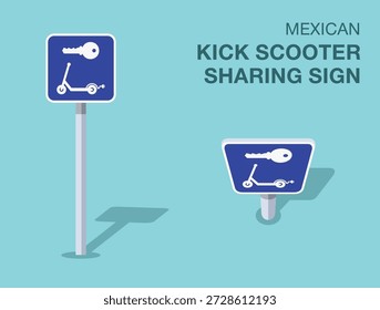 Normas de regulación del tráfico. Aislado mexicano "patear scooter compartiendo" señal de tráfico. Vista frontal y superior. Plantilla de Ilustración vectorial plana.