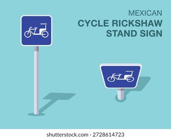 Vorschriften zur Verkehrsregelung. Abgeschlossenes mexikanisches Straßenschild "Fahrrad-Rikscha-Stand". Vorder- und Draufsicht. Flache Vektorgrafik-Vorlage.