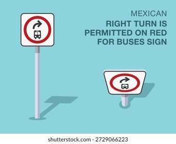 Vorschriften zur Verkehrsregelung. Abgelegenes mexikanisches Straßenschild "Rechtsabbiegung ist für Busse auf Rot zulässig". Vorder- und Draufsicht. Flache Vektorgrafik-Vorlage.